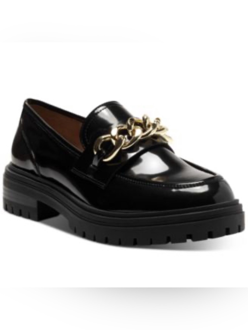 INC International Concepts Black Patent Loafers with Gold Chain US 7.5